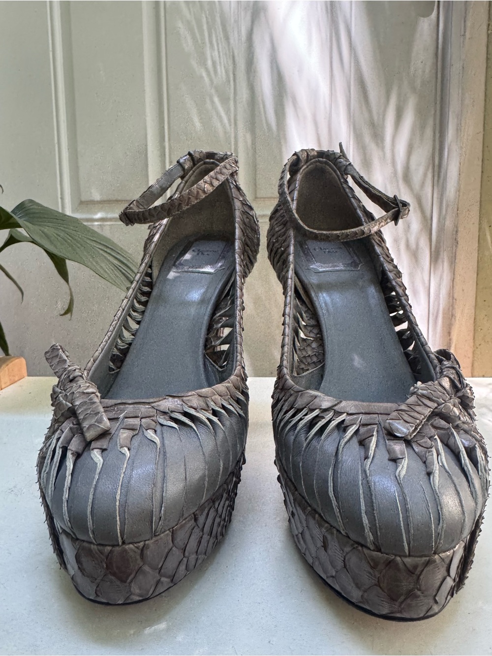Dior Gray Woven Leather Platform Pumps with Ankle Strap